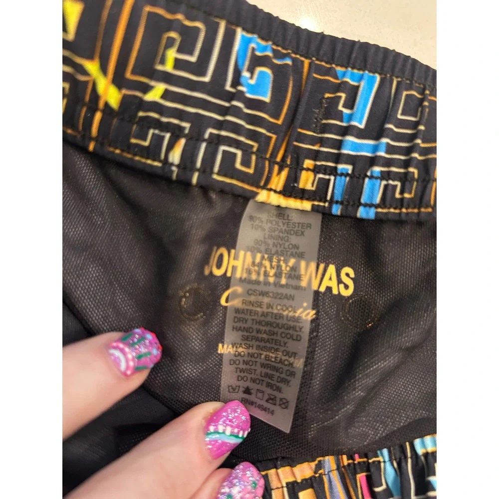 Johnny Was Swim Trunks Black Multi Color Geometric Floral Board Shorts Mens‎